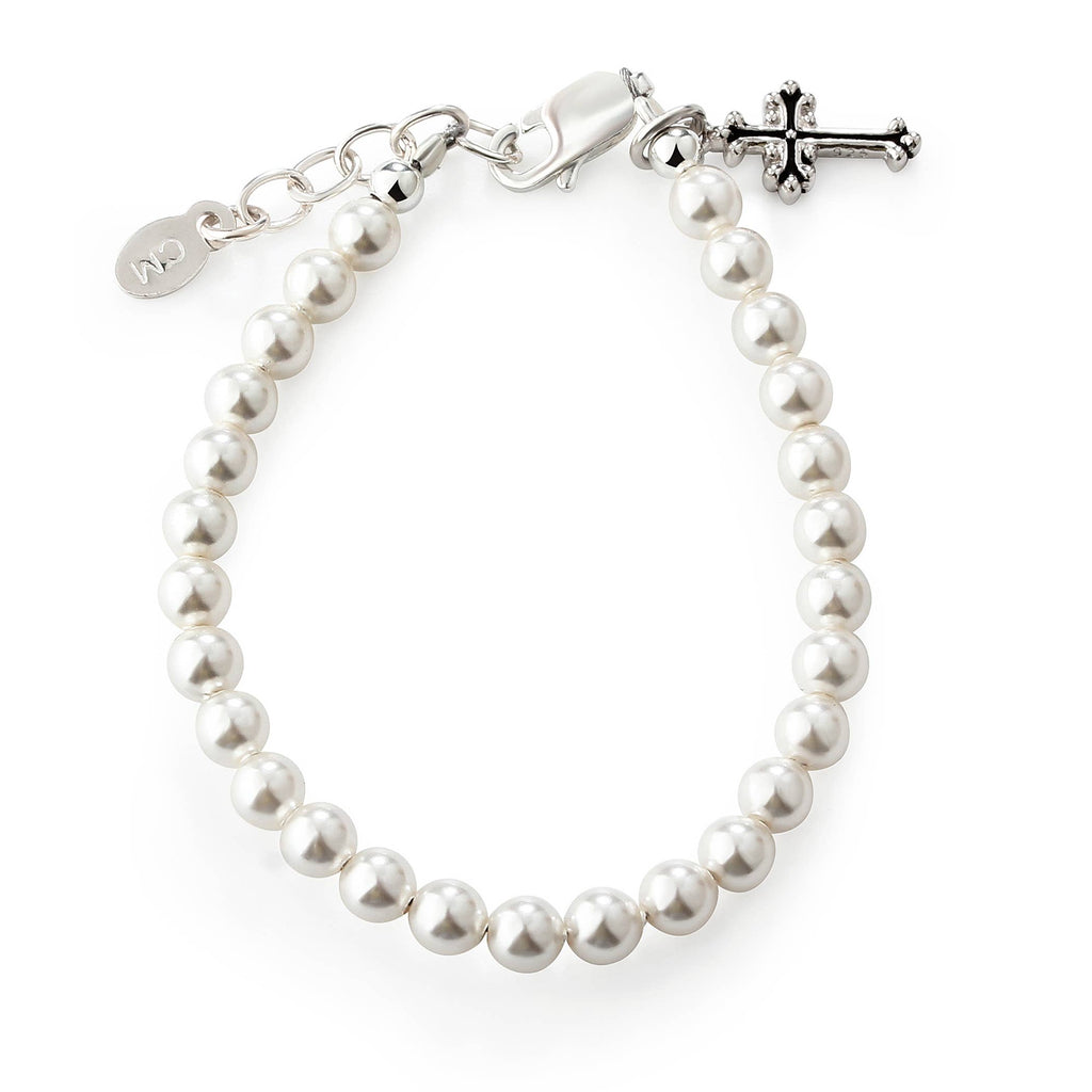 Girls Silver Pearl Cross Baby Baptism and Communion Bracelet