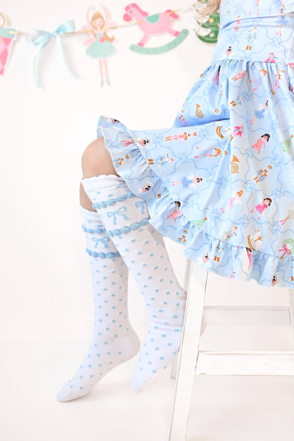 Blue Bow Scalloped Knee Socks