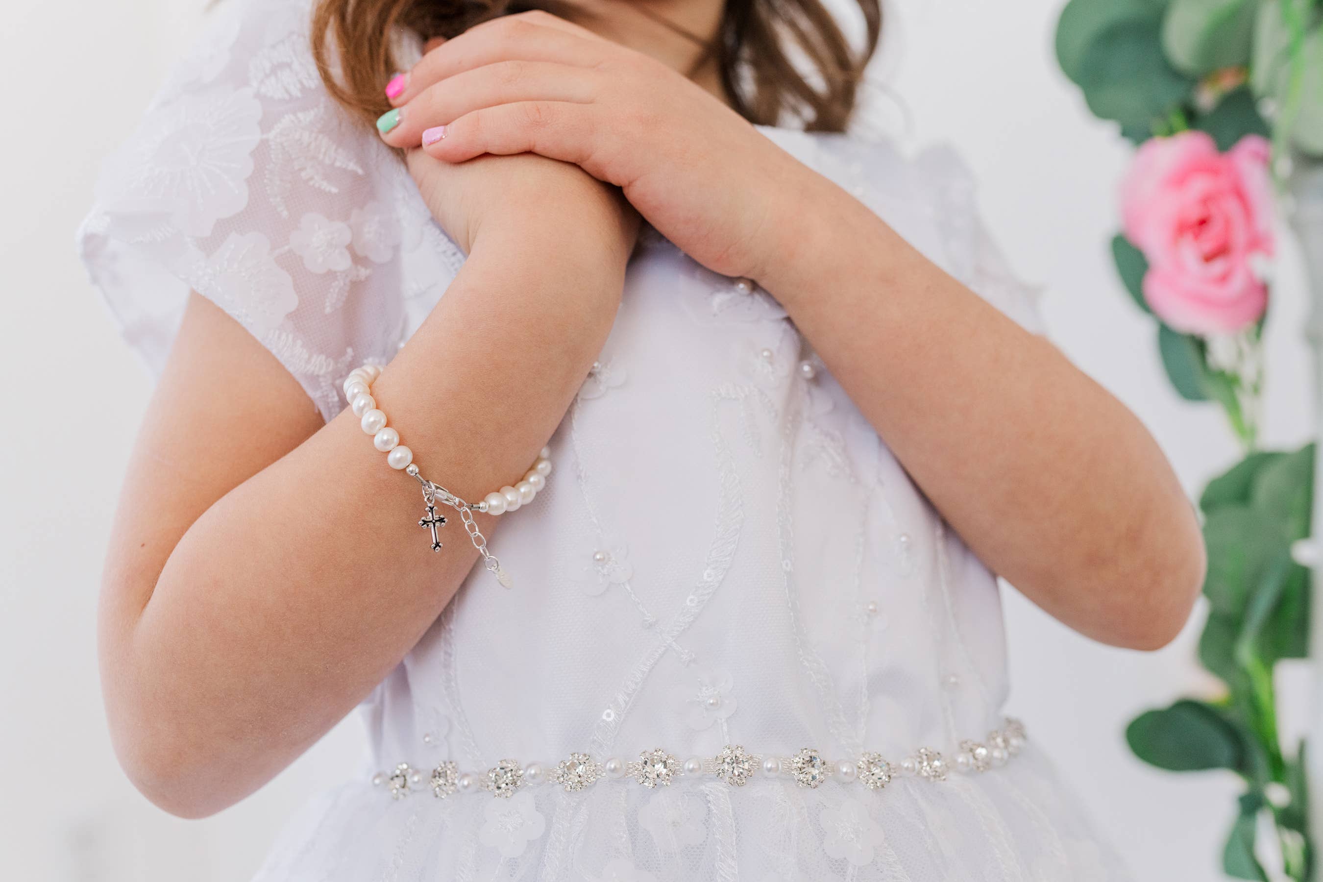 Girls Silver Pearl Cross Baby Baptism and Communion Bracelet
