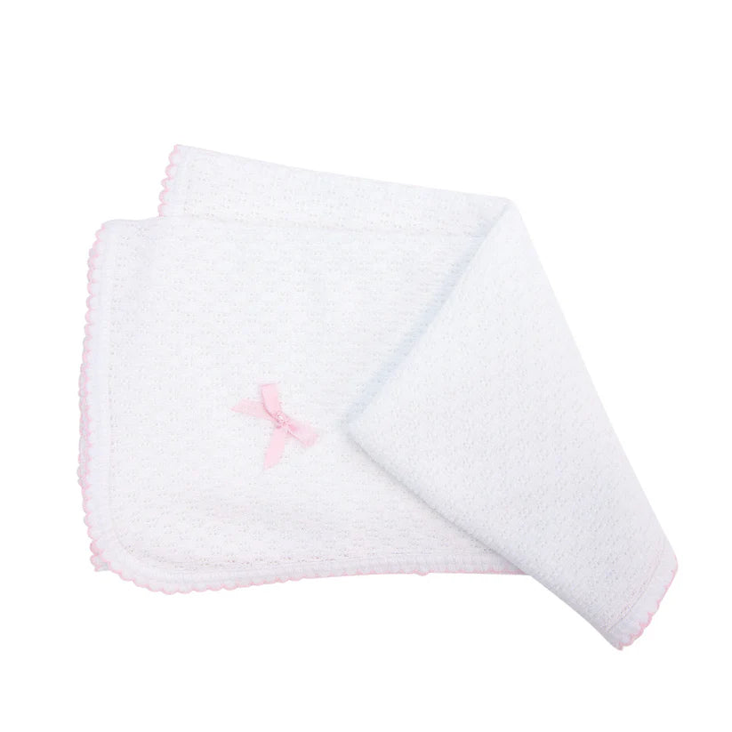 White Knit Swaddle Blanket with Pink Trim