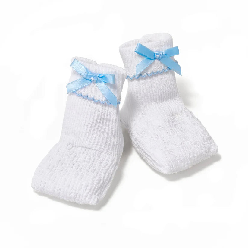 White Knit Booties with Blue Trim